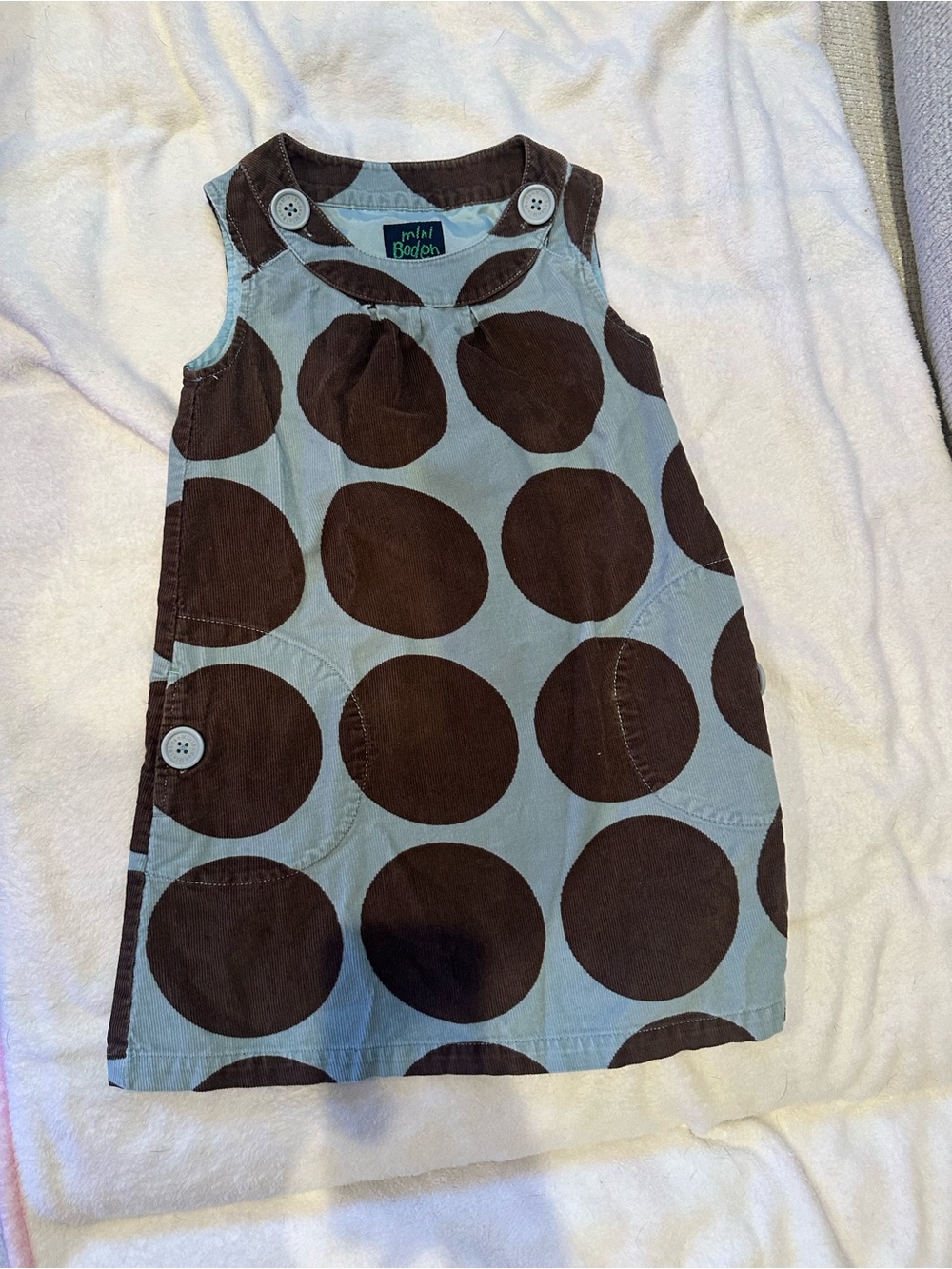 Mini Boden Blue Dress with Large Brown Polka Dots Size 5/6